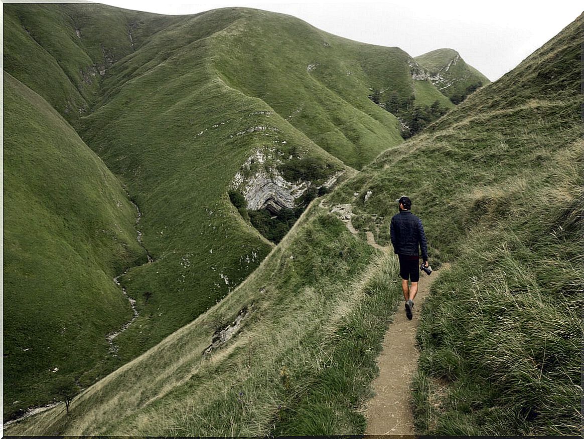 Tourist hiking in the Pyrenees.