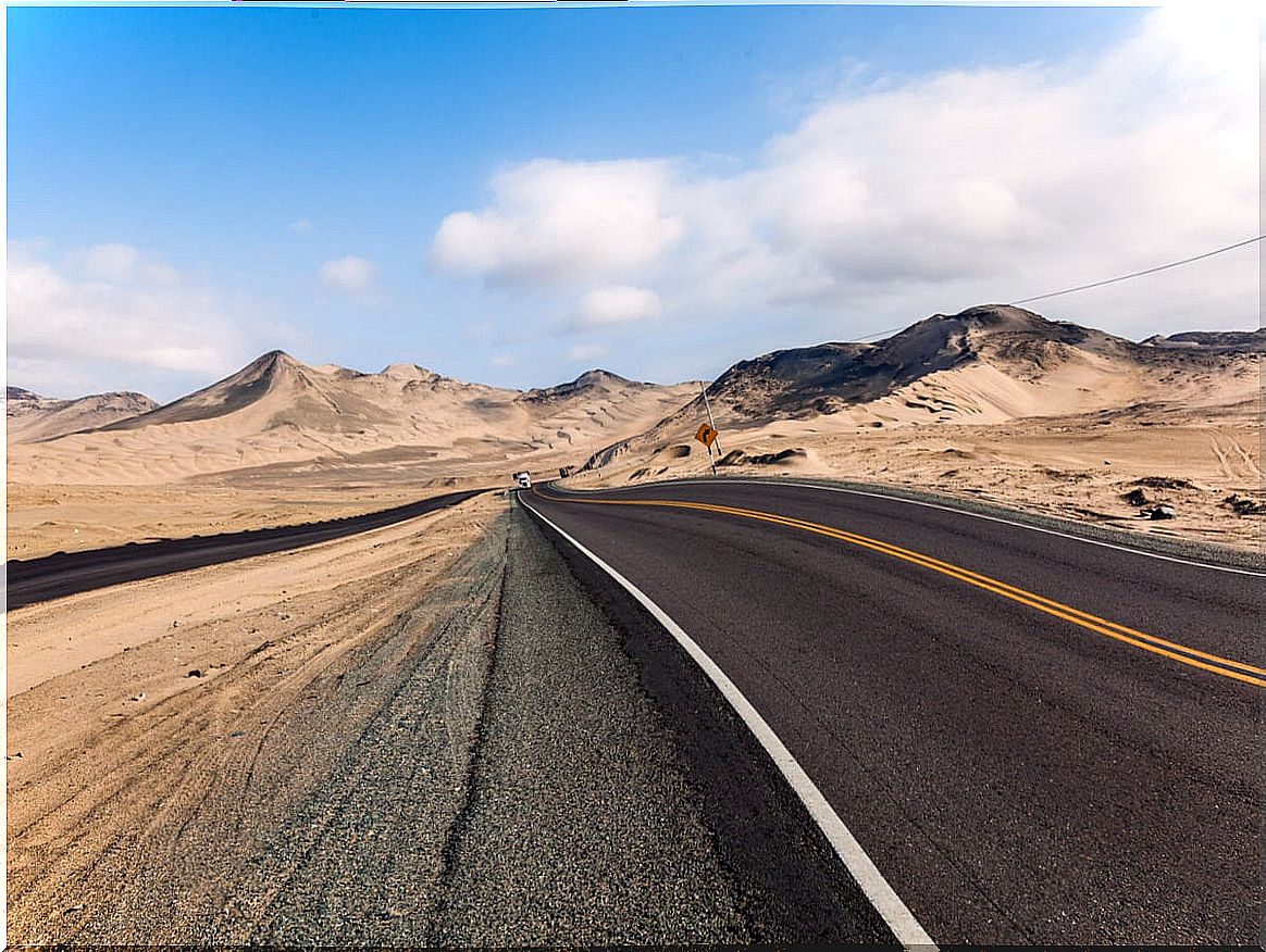 The Pan-American highway going through the desert in Peru.