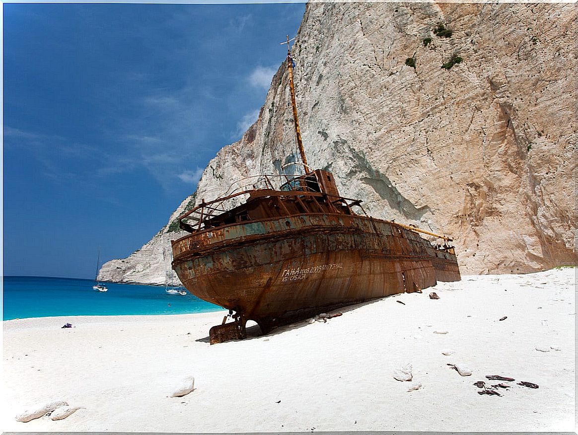 The Panagiotis ship, for many, implanted by the Greek government on this beach.