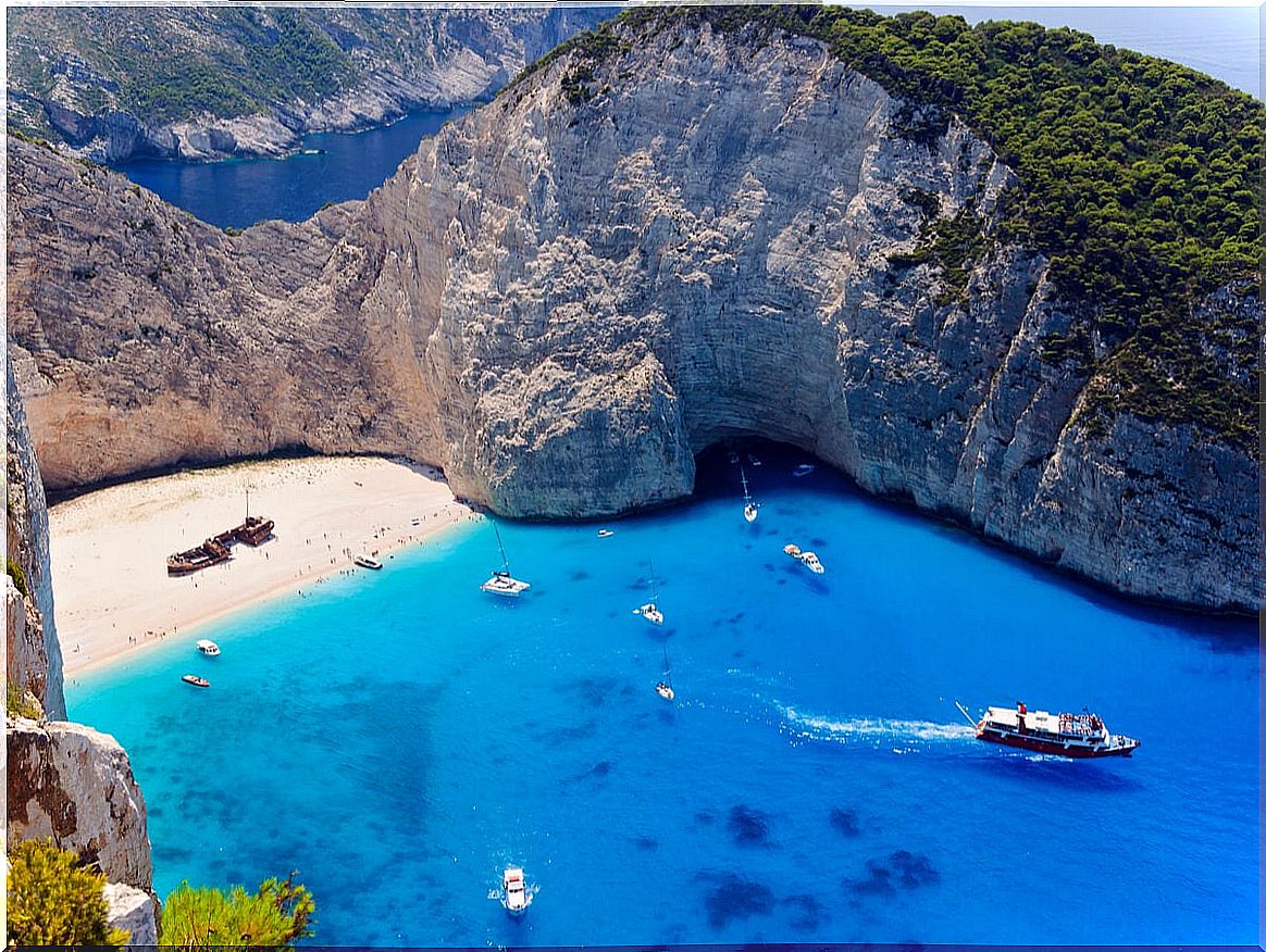 Overview of Navagio beach, in Greece.