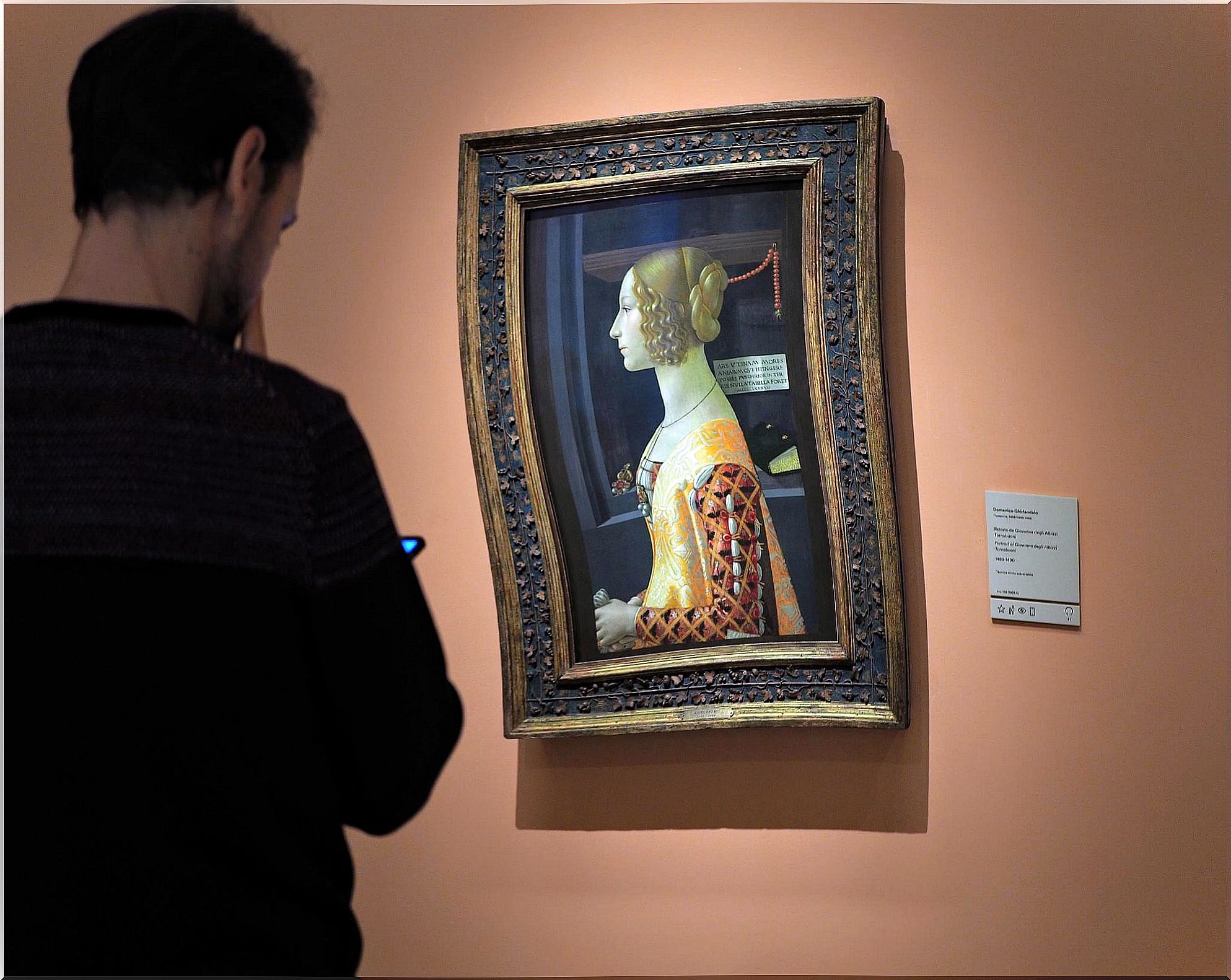 Tourist observing the portrait of Giovanna Tornabuoni.